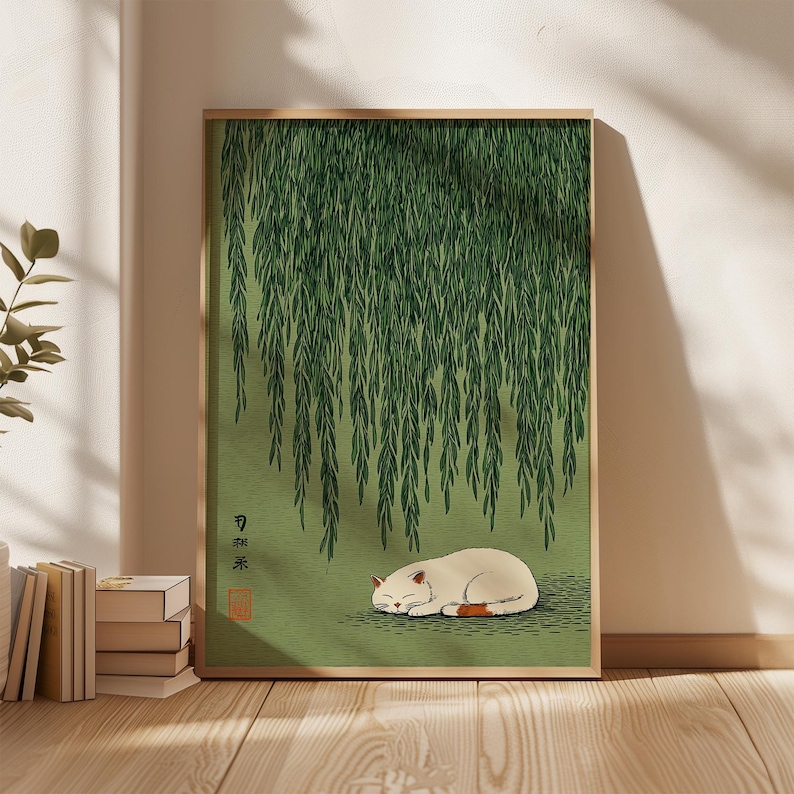 Japanese Lifestyle - 1pc 日本の猫と柳の木のポスター、フレームなしの緑の自然の猫の壁アートポスター、リビングルームや寝室の装飾ギフトに最適