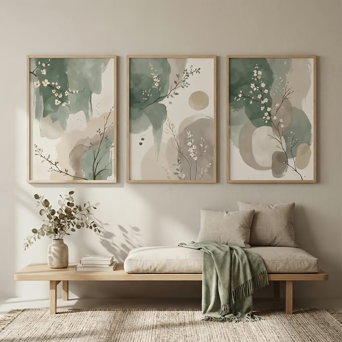 Japanese Lifestyle - 3ピース 日本風植物キャンバスウォールアート フレームレス抽象水彩画 セージグリーン＆ベージュリーフキャンバスポスター 寝室の装飾用