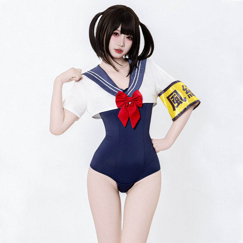 Japanese Lifestyle - 和風デッドプール水着ヴィンテージスクール水着アニメアニメーション同型コスプレ服青と白のタイトな制服