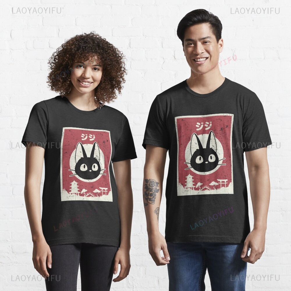 Japanese Women Lifestyle - かわいいジジ猫黒猫プリント Tシャツトップスアニメ日本の美学ブルーライフスタイルクラシック男性女性服