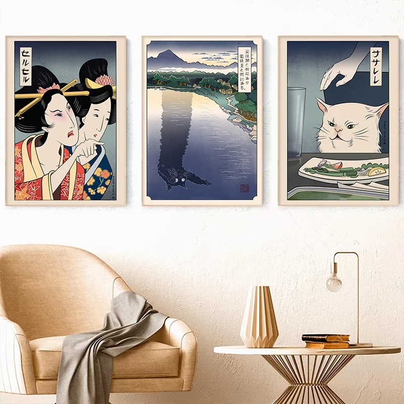Japanese Women Lifestyle - 日本の浮世絵風ポスター印刷、猫に怒鳴る女性、キャンバス絵画、ヴィンテージロングキャット、リビングルームの壁アート、家の装飾