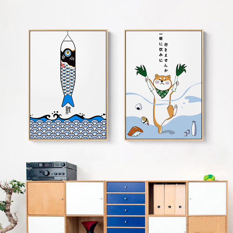 Japanese Lifestyle In Japanese - 動物と魚のプリントが施された日本のクリエイティブなポスター,レストランの装飾,絵画,かわいい壁画,アート,ダイニングルーム,寿司の場所