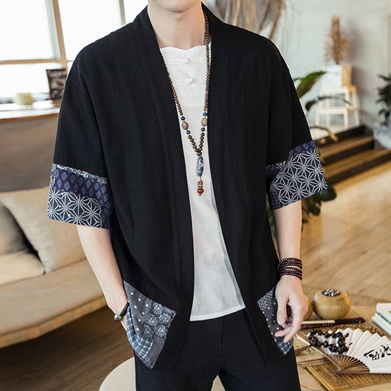 Japanese Lifestyle - 日本の着物男性カーディガンストリートウェア浴衣男性シャツ羽織メンズ着物シャツ伝統的な日本のサムライ服 4XL 5XL