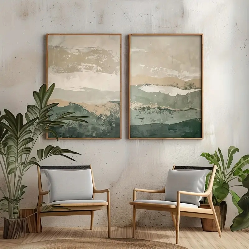 2 ピース/セット侘び寂び抽象幾何学キャンバスプリント緑の山 - Japanese Lifestyle のレビューと価格