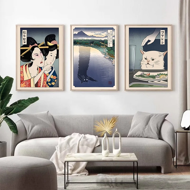 日本の浮世絵風ポスター印刷、猫に怒鳴る女性、キャンバス絵画、 - Japanese Women Lifestyle のレビューと価格