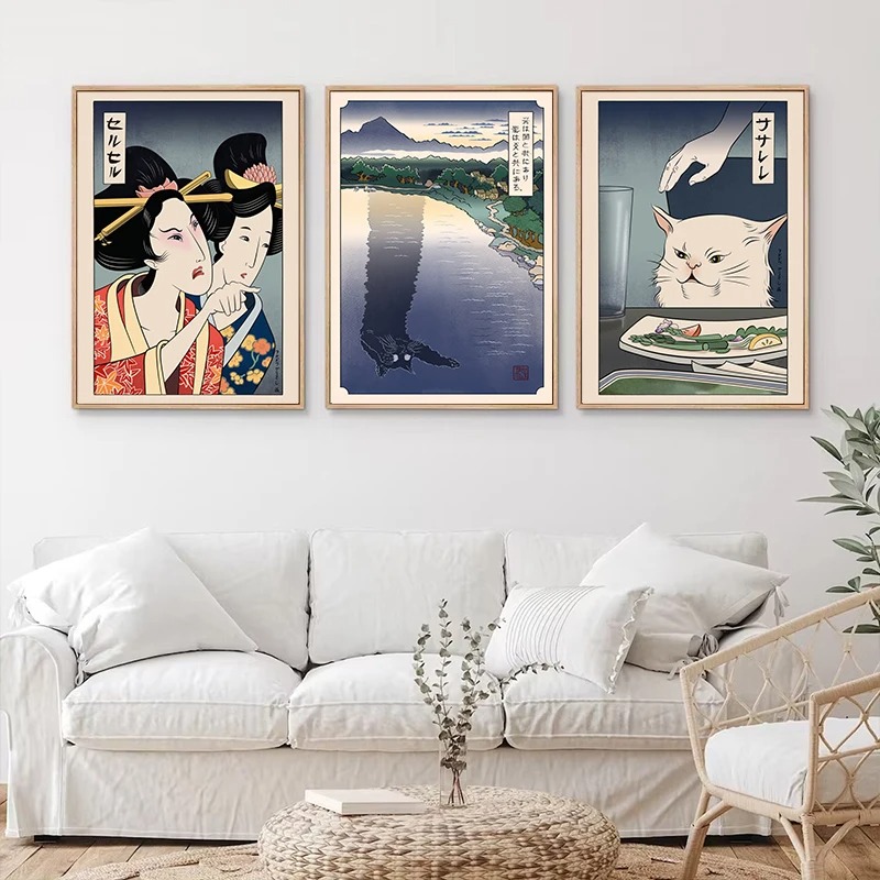 日本の浮世絵風ポスター印刷、猫に怒鳴る女性、キャンバス絵画、 - Japanese Women Lifestyle のレビューと価格
