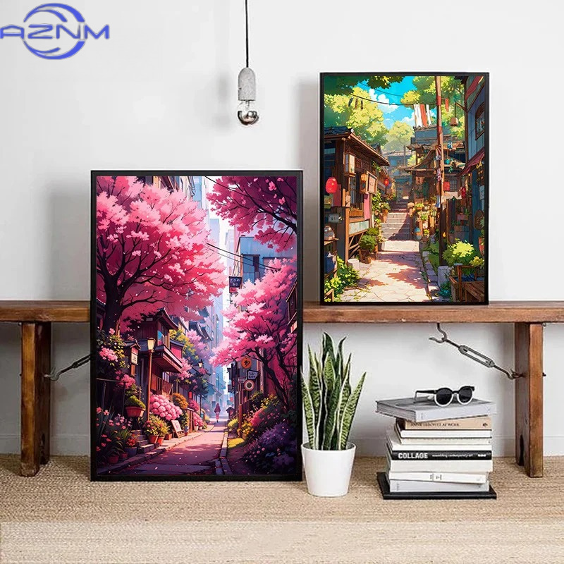 AZNM 日本の街並み風景桜建築キャンバスポスター花植物風景 - Japanese Lifestyle In Japanese のレビューと価格