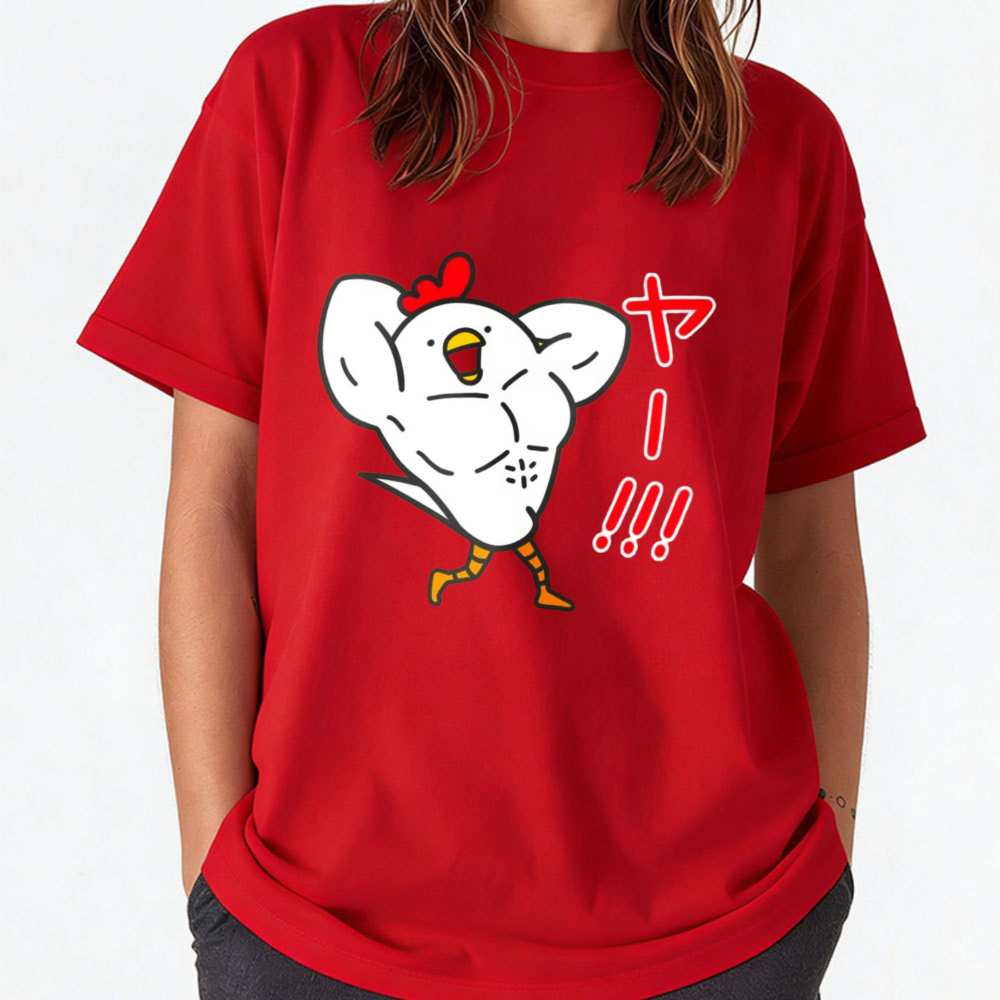 女性用コットンTシャツ 面白い筋肉質な鶏と日本語の感嘆符テキ - Japanese Women Lifestyle のレビューと価格